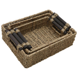 JVL Seagrass Rectangular Storage Baskets with Wooden Handles 3 Pack - thumbnail 4