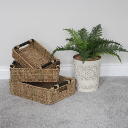 JVL Seagrass Rectangular Storage Baskets with Wooden Handles 3 Pack - thumbnail 2
