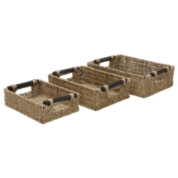 JVL Seagrass Rectangular Storage Baskets with Wooden Handles 3 Pack - thumbnail 3