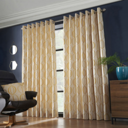 Alan Symonds Ome Jacquard Lined Ring Top Eyelet Curtains Ochre 167 x 183cm