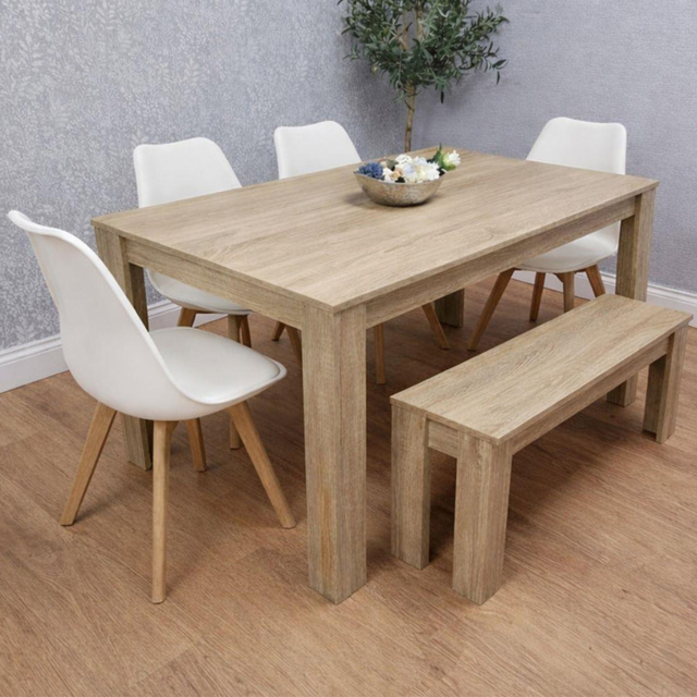 Kosy Koala 6 Seater Plastic Dining Bench Set Oak Effect and White - image 1