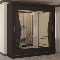M N Furniture Banton 2 Door Black Curved Mirrored Sliding Wardrobe 120cm - thumbnail 1