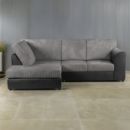 Luxor 4 Seater Black and Grey Jumbo Cord Left Hand L Shaped Corner Sofa with Full Back