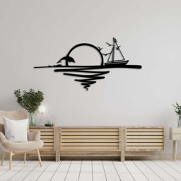 Decortie Sunrise and Sailing Boat Textured Black Metal Wall Art - thumbnail 2