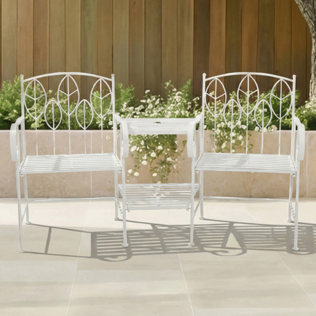Charles Bentley Antique White 2 Seater Rustic Metal Leaf Pattern Garden Companion Seat - image 1