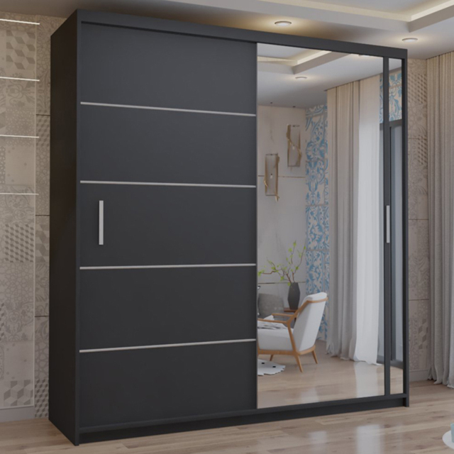 M N Furniture Venece 2 Door Black Mirrored Sliding Wardrobe 203cm - image 1