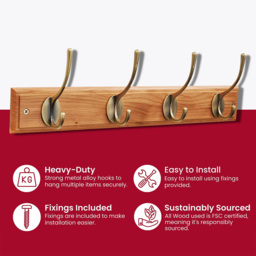 Headbourne Oak and Antique Brass Victorian 4 Hook Coat Rail - thumbnail 4