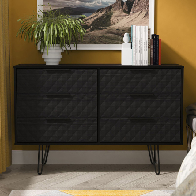 Crowndale Harlequin 6 Drawer Black Ash Wide Chest of Drawers Ready Assembled - image 1