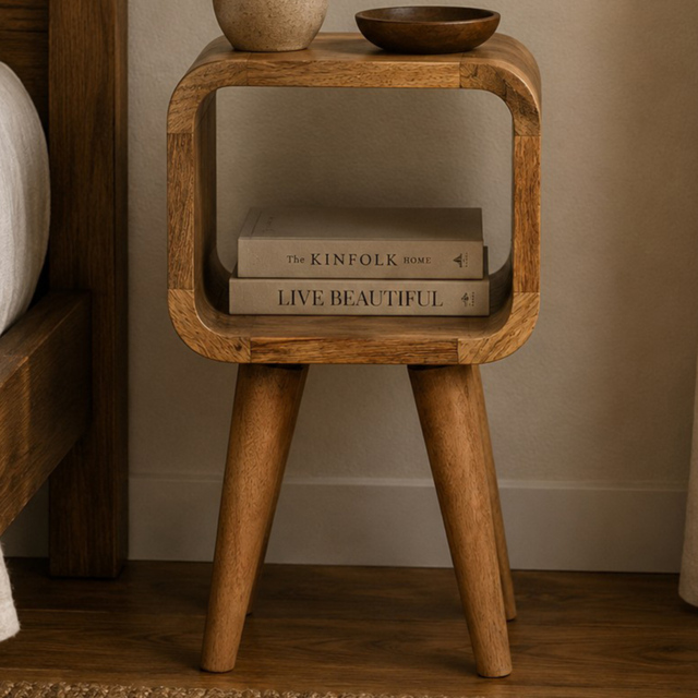 Artisan Furniture Extra Mini Oak-ish Single Shelf Solid Wood Minimalist Open Curved Bedside Table - image 1