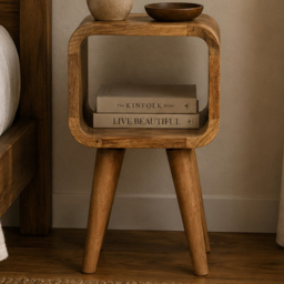 Artisan Furniture Extra Mini Oak-ish Single Shelf Solid Wood Minimalist Open Curved Bedside Table - thumbnail 1