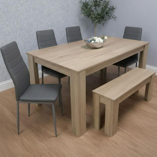 Kosy Koala 6 Seater Faux Leather Dining Bench Set Oak Effect and Grey - image 1