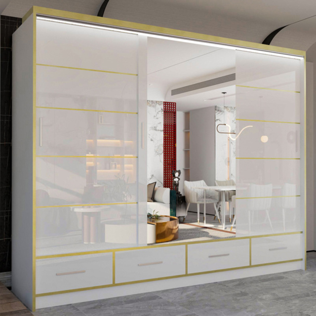 M N Furniture Silora 3 Door 4 Drawer White and Gold High Gloss Mirrored Sliding Wardrobe 253cm - image 1