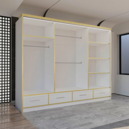 M N Furniture Silora 3 Door 4 Drawer White and Gold High Gloss Mirrored Sliding Wardrobe 253cm - thumbnail 3