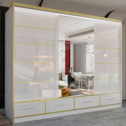 M N Furniture Silora 3 Door 4 Drawer White and Gold High Gloss Mirrored Sliding Wardrobe 253cm