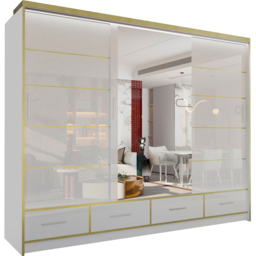 M N Furniture Silora 3 Door 4 Drawer White and Gold High Gloss Mirrored Sliding Wardrobe 253cm - thumbnail 2