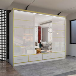 M N Furniture Silora 3 Door 4 Drawer White and Gold High Gloss Mirrored Sliding Wardrobe 253cm - thumbnail 4