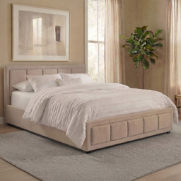 VIDA DESIGNS Vanita Beige Linen Double Ottoman Bed with Padded Headboard - thumbnail 1