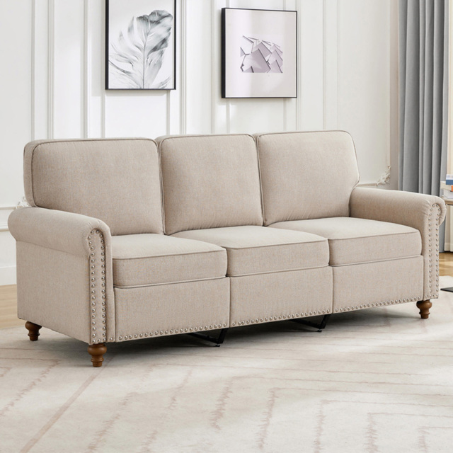 Beige 3 Seater Plush Padded Studded Sofa - image 1