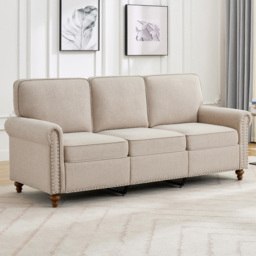 Beige 3 Seater Plush Padded Studded Sofa - thumbnail 1