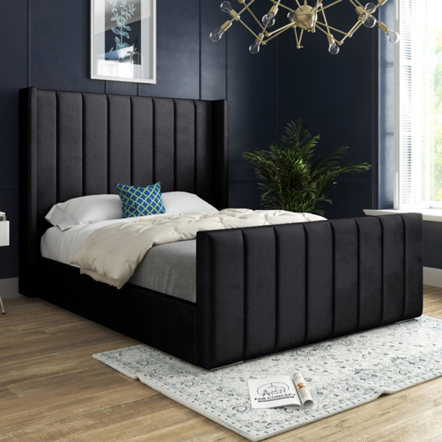 Romano King Size Black Soft Velvet Upholstered Bed Frame with Straight Winged Headboard - image 1