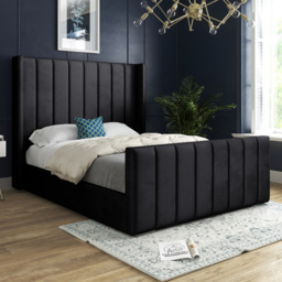 Romano King Size Black Soft Velvet Upholstered Bed Frame with Straight Winged Headboard - thumbnail 1