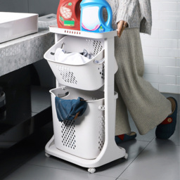 Living and Home 2 Basket Bathroom Clothes Laundry Basket with Wheels - thumbnail 2
