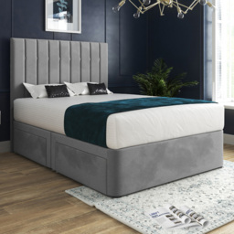 Marcelo Grey Double Velvet Upholstered Divan Bed Frame with Linear Headboard