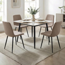 FWStyle Esme Light Brown and Black Linen Upholstered Steel Frame Dining Chair Set of 4 - thumbnail 1