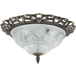 Happy Homewares Antique Brass and Floral Glass Flush Ceiling Light Fitting