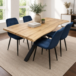 Portland Blue Velvet Tufted Wooden Tabletop 4 Seater Dining Set