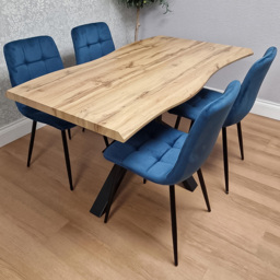 Portland Blue Velvet Tufted Wooden Tabletop 4 Seater Dining Set