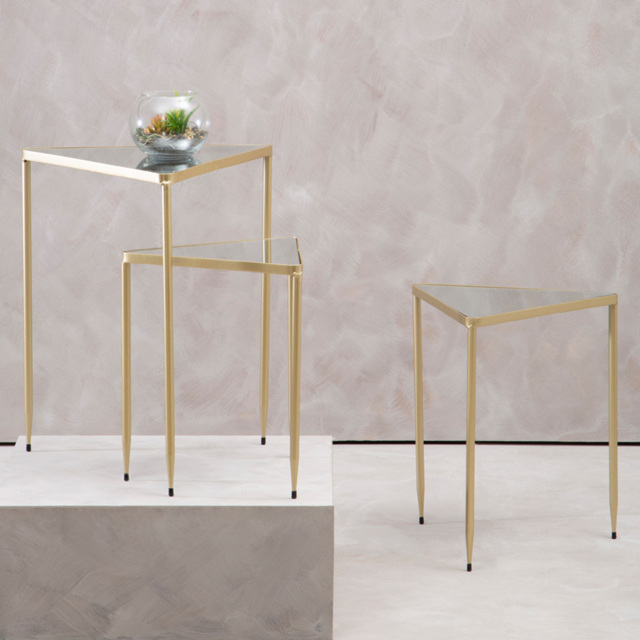 Premier Housewares Avantis Gold Mirrored Top Triangle Nest of Tables Set of 3 - image 1