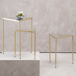 Premier Housewares Avantis Gold Mirrored Top Triangle Nest of Tables Set of 3 - thumbnail 1
