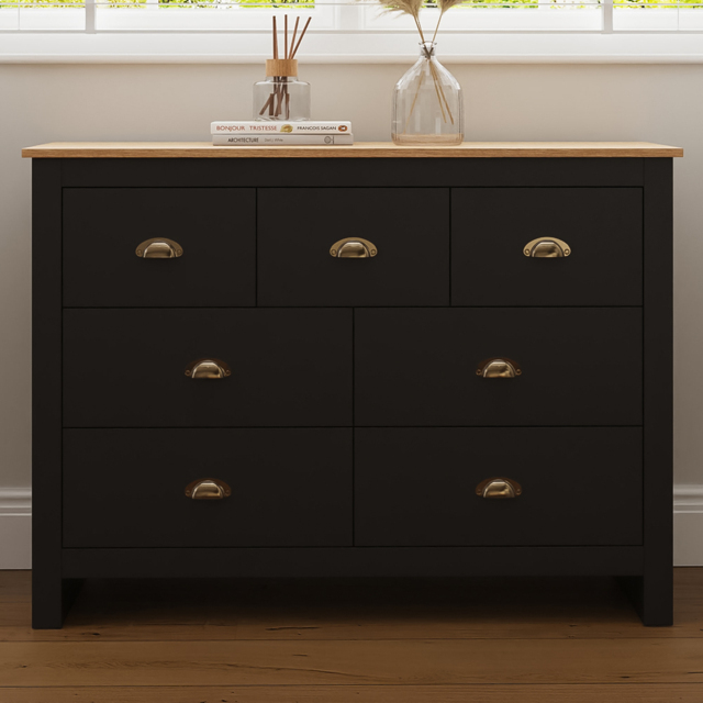 GFW Lancaster Black 7 Drawer Merchants Chest of Drawers with Oak Effect Top - image 1