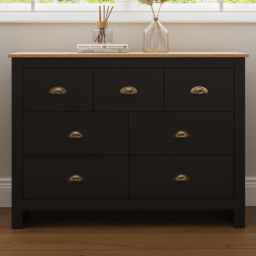 GFW Lancaster Black 7 Drawer Merchants Chest of Drawers with Oak Effect Top - thumbnail 1