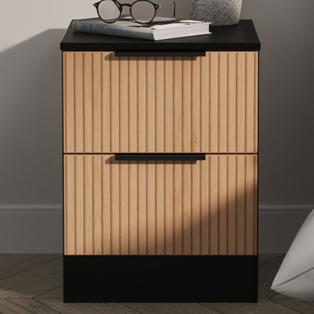 Crowndale Java Slatt Effect and Black 2 Drawer Compact Bedside Cabinet - image 1