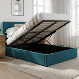 FWStyle Hoscar Dolphin Blue Small Double Upholstered Lift-Up Ottoman Bed Frame with Ribbed Headboard