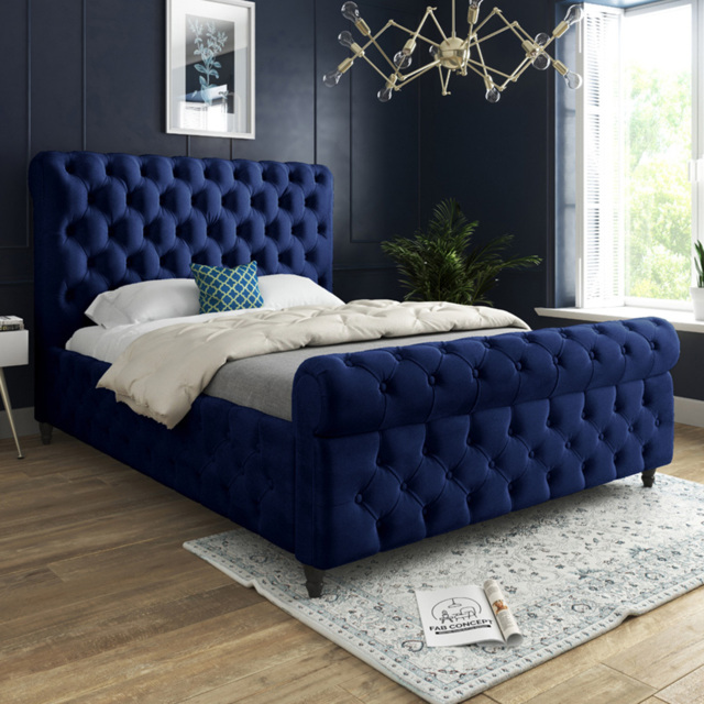 Savana King Size Blue Soft Velvet Upholstered Sleigh Bed Frame with Scrolled Headboard - image 1