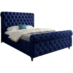 Savana King Size Blue Soft Velvet Upholstered Sleigh Bed Frame with Scrolled Headboard - thumbnail 2