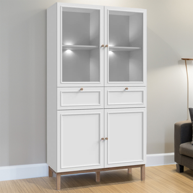 Florence Wensley 4 Door 2 Drawer Light Grey and Oak Glass Display Cabinet with LED Lighting - image 1