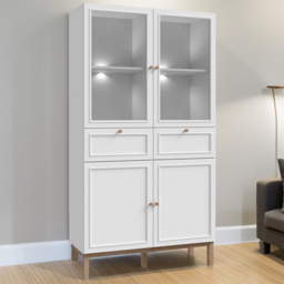 Florence Wensley 4 Door 2 Drawer Light Grey and Oak Glass Display Cabinet with LED Lighting