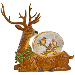 The Christmas Workshop Golden Reindeer and Robin Warm White LED Light Up Snow Globe 26cm