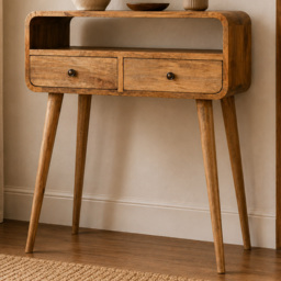Artisan Furniture Mini Oak 2 Drawer Single Shelf Mango Wood Curved Console Table