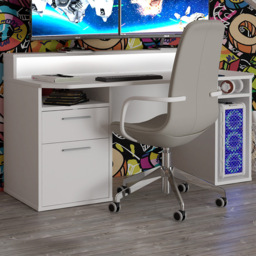 Florence Tezaur 3 Shelf 2 Drawer White LED Gaming Desk - thumbnail 1