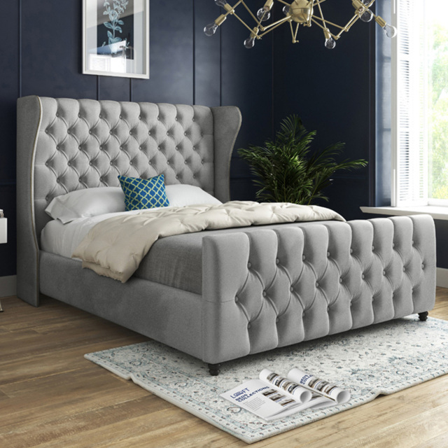 Donati Grey Super King Size Velvet Upholstered Bed Frame with Straight Curved Top Headboard - image 1