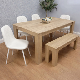 Kosy Koala 6 Seater Faux Leather Dining Bench Set Oak Effect and White