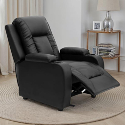 Furniture Online Oscar Bonded Leather Black Pushback Recliner Chair with Cup Holder
