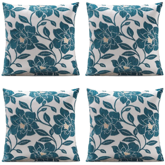 Alan Symonds Chenille Teal Peony Floral Cushion with Polyester Filled Pad 45 x 45cm 4 Pack