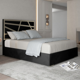 Arabella Black Small Double Velvet Upholstered Metal Bed Frame with Panelled Headboard
