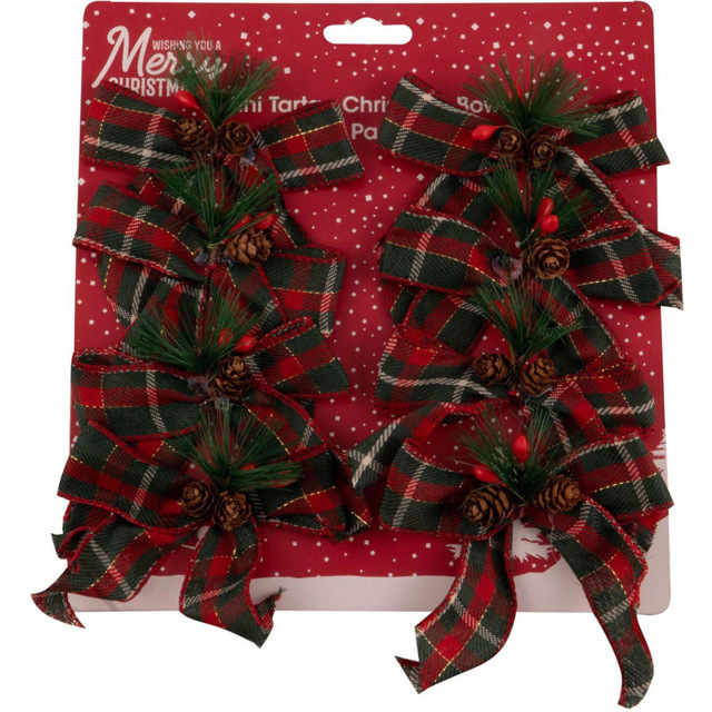Pack of 8 Mini Christmas Bows with Decoration - Tartan